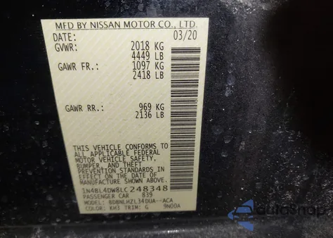 2020 Nissan Altima Sv Intelligent Awd из США, поврежденный, VIN 1N4BL4DW8LC248348